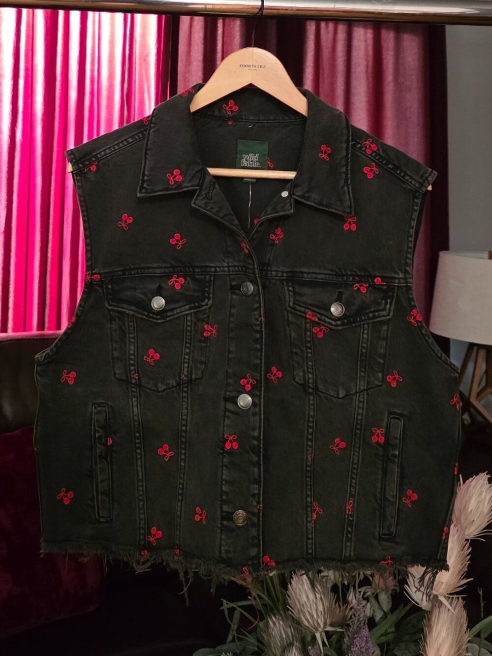 DENIM TRUCKER VEST WITH CHERRY EMBROIDERED!